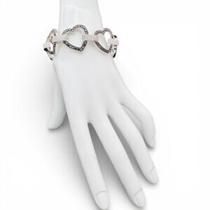 925 Sterling Silver Garnet & CZ Heart Link Bracelet Large Open Heart